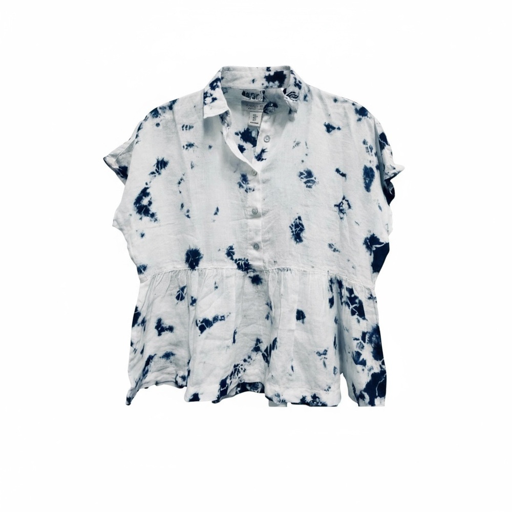 Rachel Zoe Blue White Tie-Dye Linen Button Front Collared Peplum Cropped Top - Picture 2 of 16